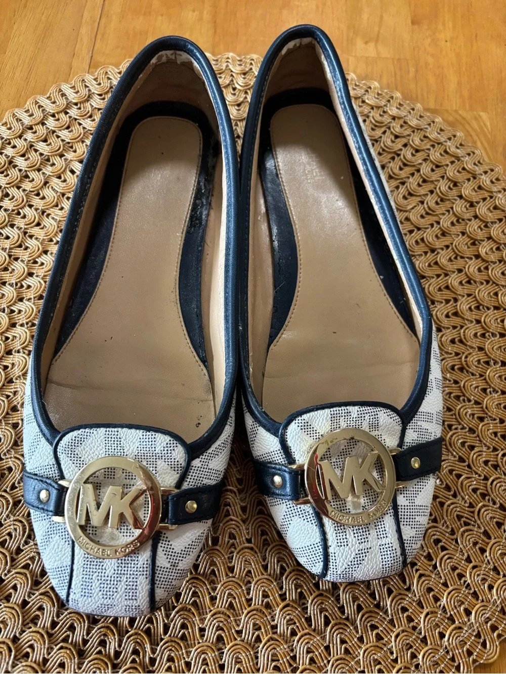 Michael Kors White and Navy Logo Leather Trim Flats